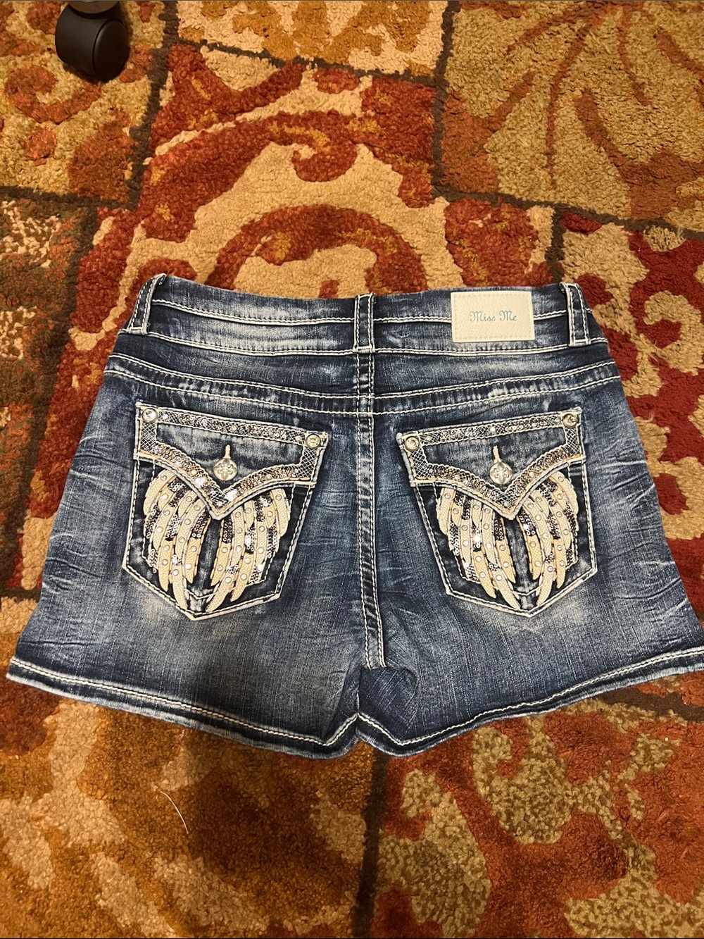 Miss Me Blue Distressed Embellished Back Pocket Jean Shorts